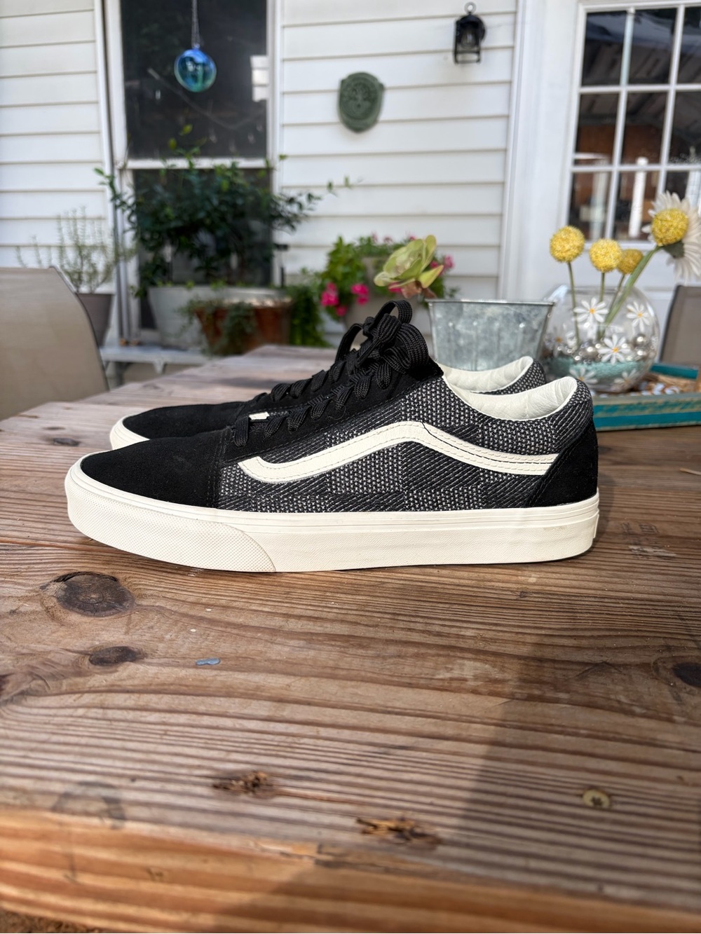 Vans Old Skool Men’s 10 Black Gray Woven Suede Off White Sneakers Shoes